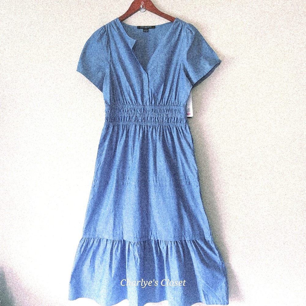 French Connection Chambray Tiered Maxi Dress S Linen Feel Smocked Boho Prairie